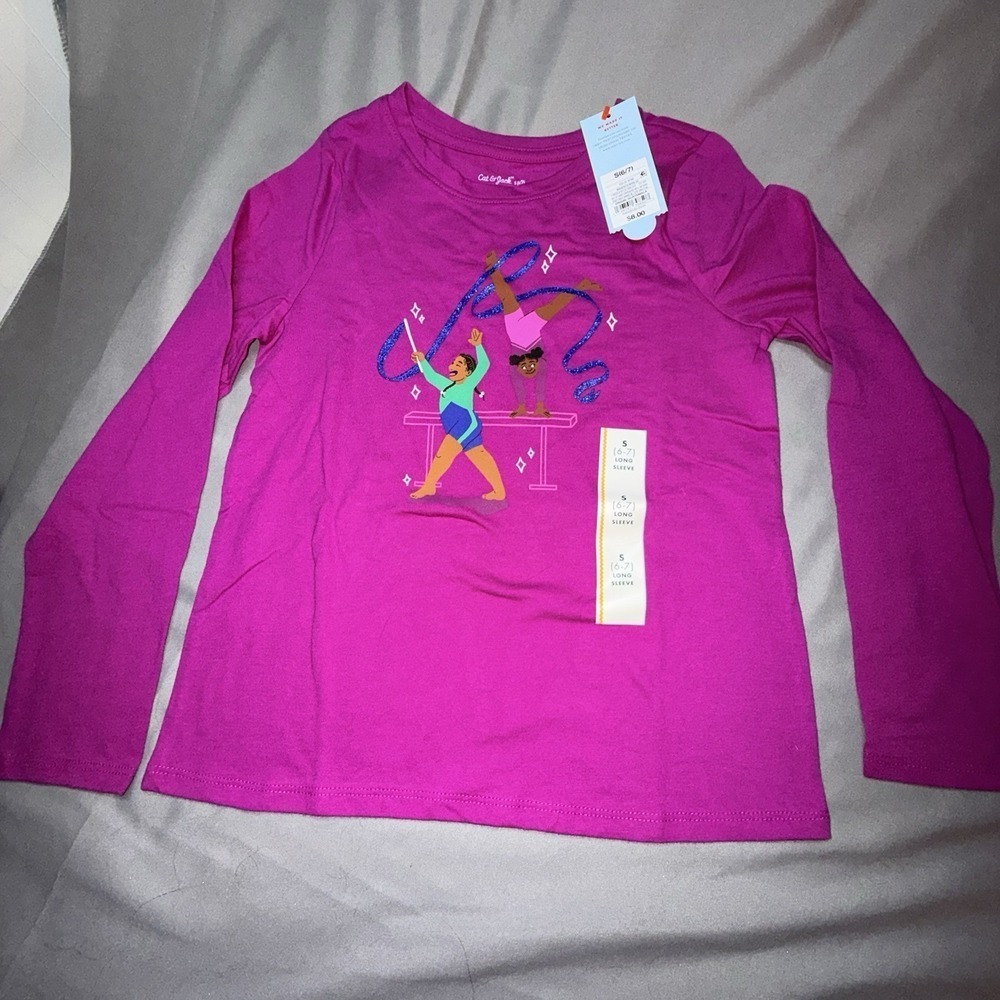 Cat & Jack Gymnastics Graphic Tee Kids S 6/7 Magenta NEW Glitter Ribbon Shirt